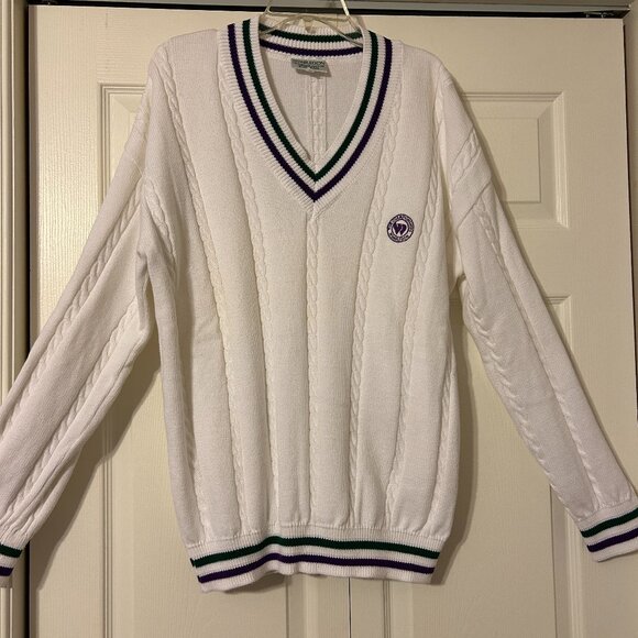 Mens WIMBLEDON Sz M White V-Neck Long Sleeve Cable Knit Tennis Sweater Top - Picture 1 of 8